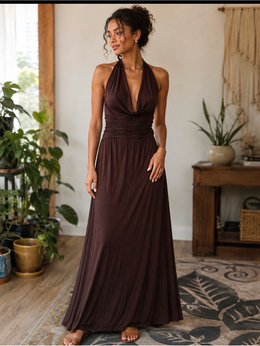 Halter Ruched Maxi Dress In Chocolate Brown